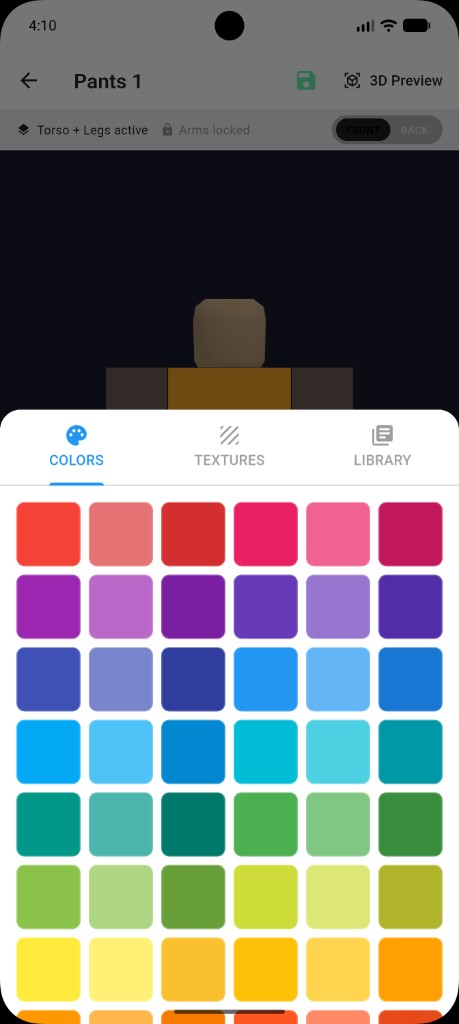 Colors palette screen in the app