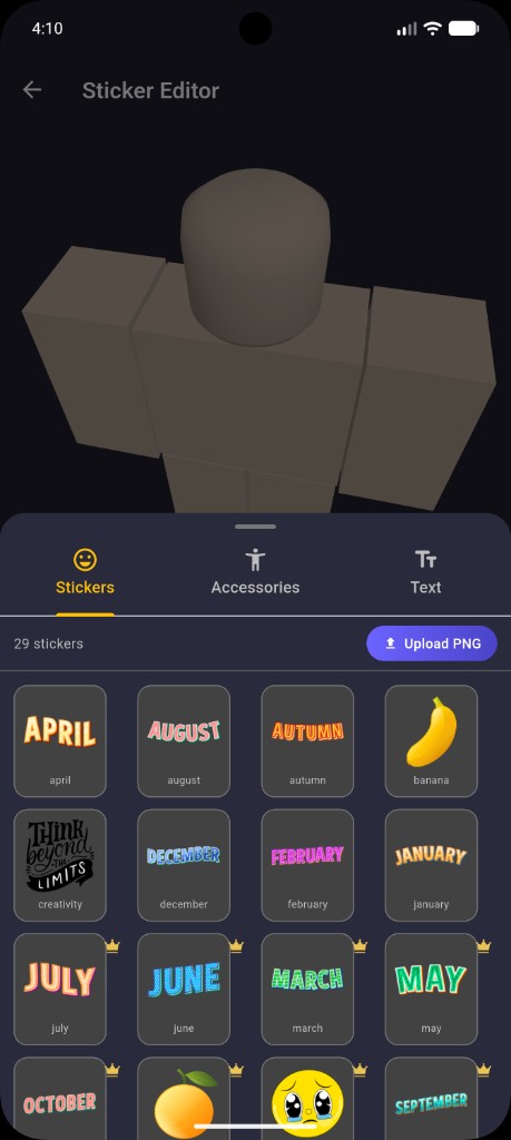 Sticker editor with library and upload PNG button